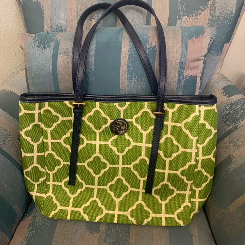New Spartina 449 Natural Linen & Genuine Leather Tote Bag Green Geometric Print